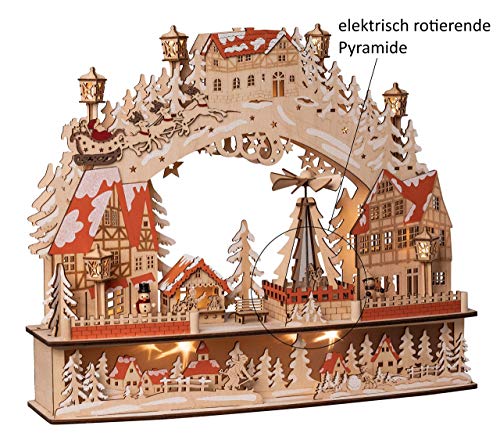 Wichtelstube-Kollektion XL Schwibbogen mit drehender Pyramide inkl. Trafo und Timer Schwippbogen mit Bewegung und Podest Unterbank Premium Holz 45 x 12 x 38cm