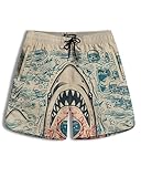 Men's Swim Trunks, Shark Print with Ocean Wave Design, Beige and Teal, Quick Dry Beach Shorts with Drawstring