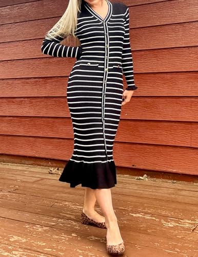 ZESICA Women's Striped Sweater Dress 2025 Spring Long Sleeve V Neck Button Elegant Slim Fit Bodycon Knit Dresses - Image 5