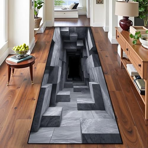 Runner Rug Washable 2x8 3D Optical Illusion Colorful Realistic Layered Cubes Stone Textures Non-Slip Hallway Area Rug Indoor Outdoor Home Decor for Entryway Bathroom Kitchen Carpet Yoga Floor Mat