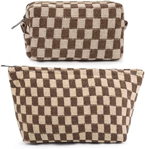 SOIDRAM 2 Pieces Makeup Bag Large Checkered Cosmetic Bag Brown Capacity Canvas Travel Toiletry Bag Organizer Cute Makeup Brushes Aesthetic Accessories Storage Bag for Women