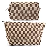 SOIDRAM 2 Pieces Makeup Bag Large Checkered Cosmetic Bag Brown Capacity Canvas Travel Toiletry Bag...