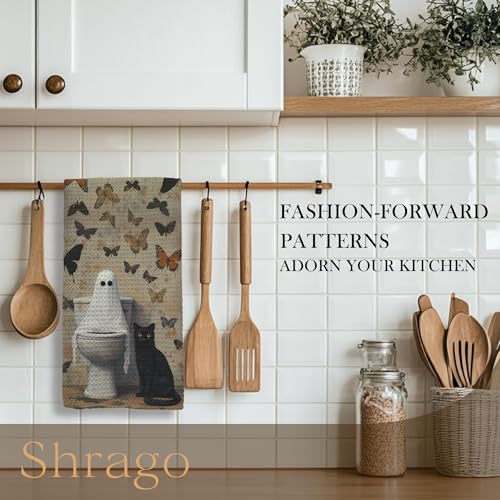 Image of Vintage Halloween Ghost Black Cat Bathroom Hand Towels, Halloween Bathroom Decor, Dark Cottagecore Butterfly Ghost Black Cat Decorative Hand Towels for Bath Room Washroom, 16x24 Inch