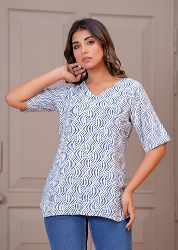 Image of MANHAREE Women's Cotton Floral Printed Short Kurti Top | V-Neck 3 /4 Sleeve Ethnic Tunic for Jeans | Casual Summer Wear Kurta for Women and Girls