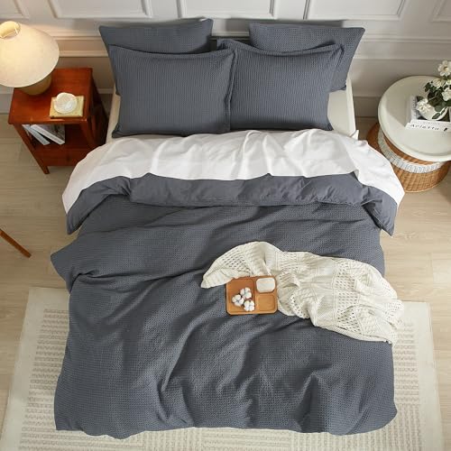 SE SOFTEXLY Waffle Duvet Cover King, 100% Cotton Waffle Weave Bedding Duvet Cover Set, Soft and Breathable Comforter Cover for All Season, 3 Pieces Including Pillow Shams(Dark Grey, 104”x90”)