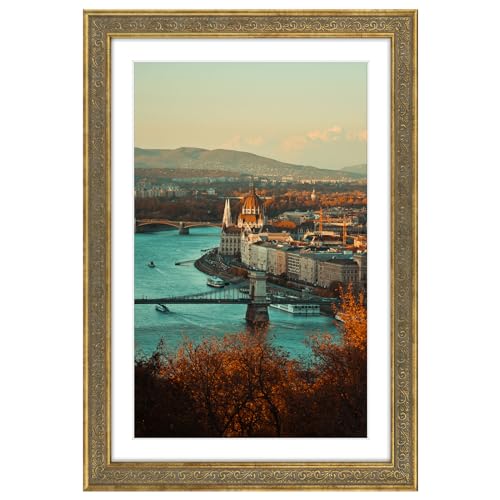 Image of Golden State Art, 13x19 Ornate Finish Photo Frame with White Mat for 11x17 Picture & Real Glass. Color: Distressed Gold