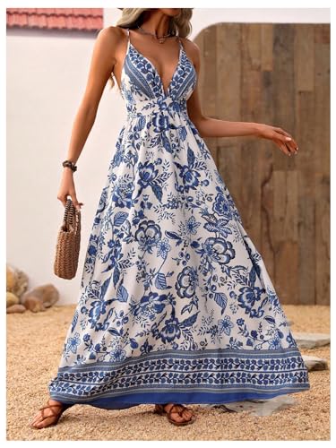 Image of MakeMeChic Women's Boho Maxi Dress Summer Luau Outfits Beach Wedding Guest Backless Sundress Flowy Resort Wear