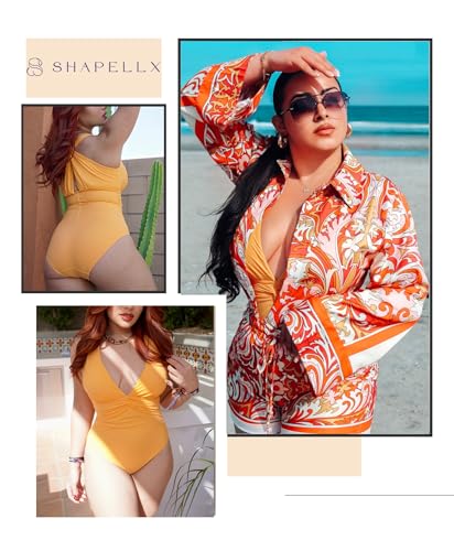 Image of SHAPELLX Women's One Piece Swimsuit Tummy Control Ruched Full Coverage Bathing Suit V Neck Slimming Swimwear