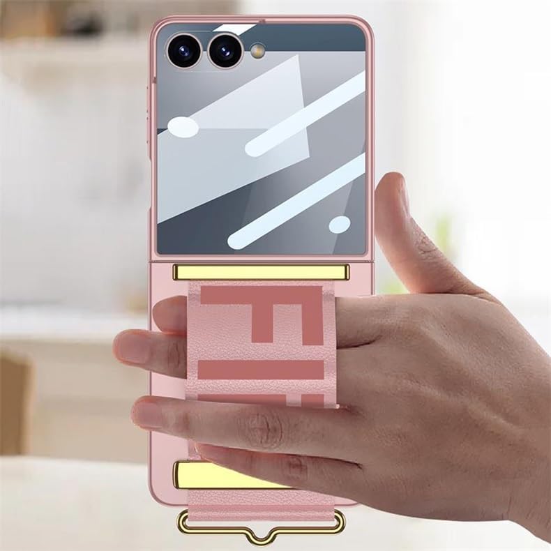 Fold Phone Case for Samsung Galaxy Z Flip 7, Retractable Leather wriststrap, Built-in Glass Screen Protector, Protective Shell for Flip7 (Pink,Samsung Galaxy Z Flip7)