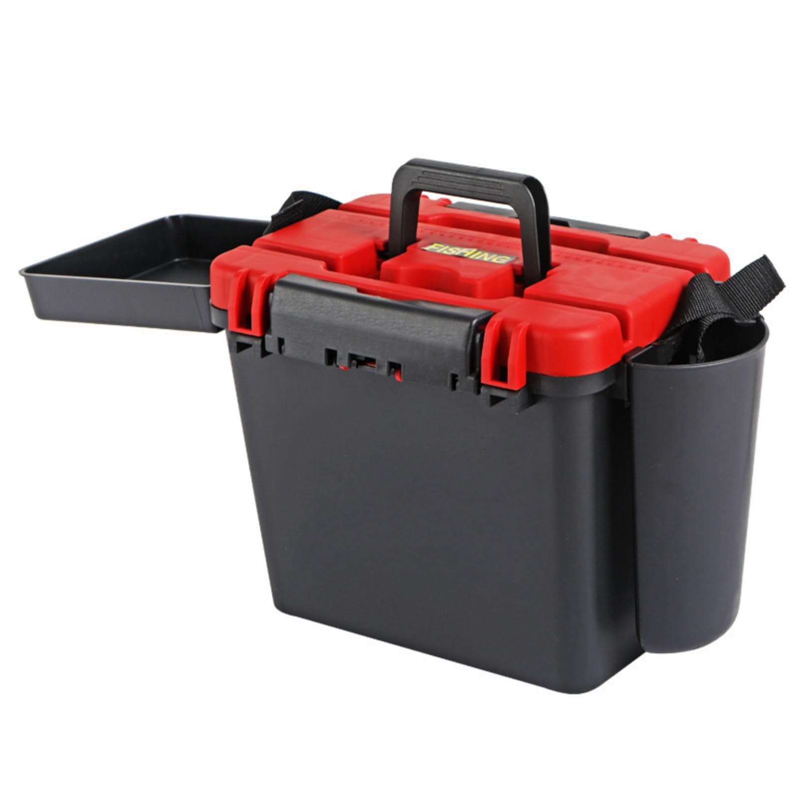 LOVIVER Box Sedile da Pesca Contenitore Attrezzatura Scatola Esche Secchio in Plastica con Coperchio Manico E Tracolla Struttura Solida per Ordinare Ami Pinze E Adatto Fiume Barca Riva, Rosso