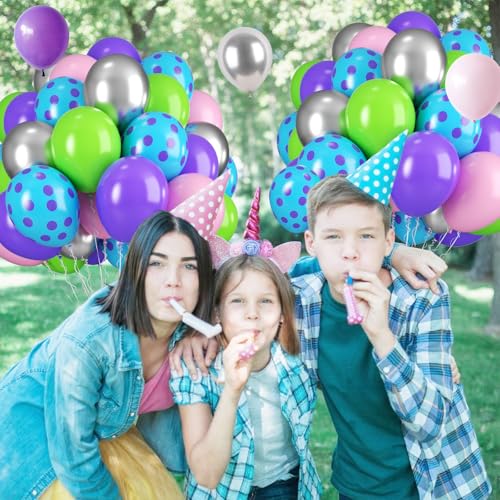 Image of Pink Blue Purple Balloons, Pack of 50 12 inch Balloon with Metallic Silver Purple Teal Green Balloons for Magic Theme Birthday Baby Shower Party Decorations Supplies