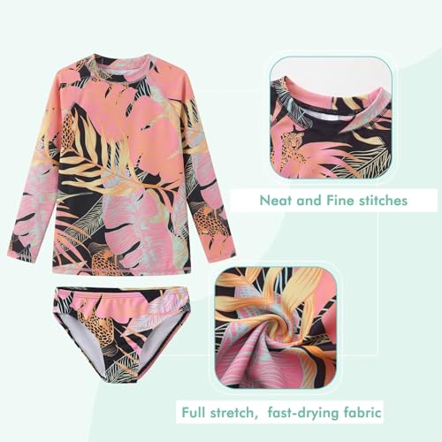 Image of Girls Two Piece Rash Guard Swimsuits Set Long Sleeve Bathing Suit with UPF 50+ Sun Protection Kids Sunsuits Swimwear Set