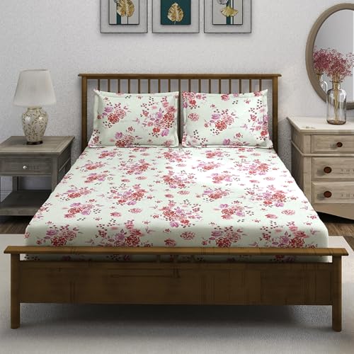 Image of Swayam Pure Cotton Double Bedsheet with 2 Pillow Covers | Size 90 x 100 inch | 160 TC | Floral Design | Soft Breathable Bed Sheet | Comfortable & Durable for Bedroom - White & Magenta