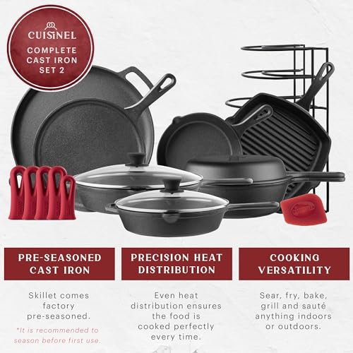 Image of Cuisinel Cast Iron Cookware Set - Complete Pre-Seasoned Kit - 8 inch Skillet + 10 inch+12 inch Skillets with Glass Lid + Grill Pan + Multi-Cooker /Dutch Oven + Flat Griddle + Pizza Pan + Rack Organizer - 2024