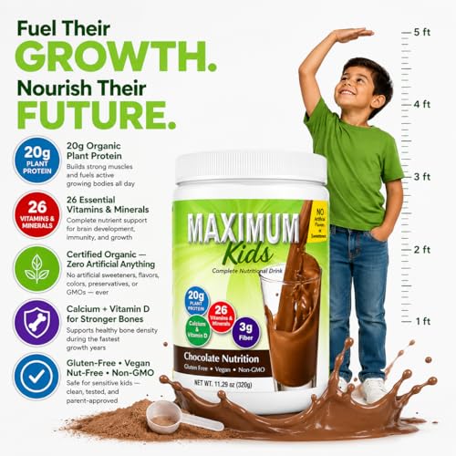 Image of Maximum Kids Complete Organic Powder Mix. Great Tasting, Easy to use, Complete Nutritional Drink with 26 Vitamins and Minerals, 20g of Plant Protein, 3g of Fiber. Kid Tested. Parents Approved.