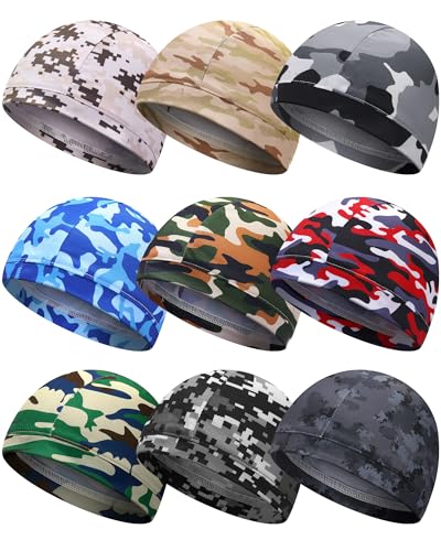 Image of 9 Pcs Cooling Skull Cap Camo Liner Sweat Wicking Lightweight Cycling Cap Running Hat for Men Women