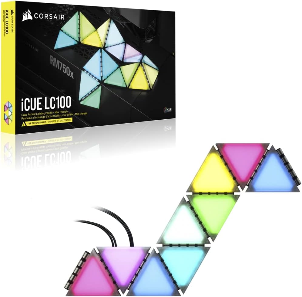 Corsair iCUE LC100 Case Accent Lighting Panels - Mini Triangle - 9X Tile Expansion Kit (81 RGB LEDs with Light Diffusion, Simple Magnetic Attachment) Clear