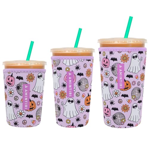 Image of 3 Pack Reusable Sleeve for Iced Coffee Cup, Coffee Neoprene Sleeve for Iced&Hot Drinks, Coffee Sleeve Compatible with Starbucks, Dunkin Coffee Cup. (Halloween Boo)
