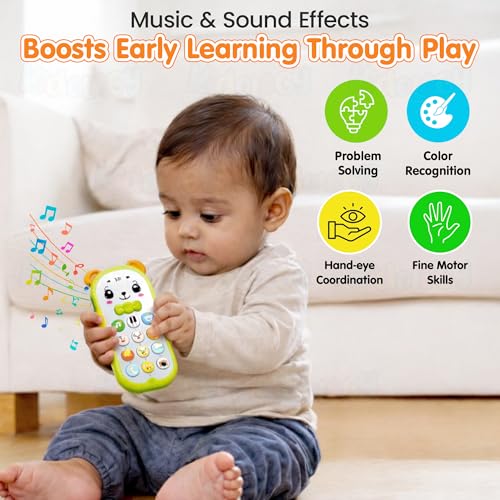 Image of Kidology Baby Phone Toy for Toddlers 12-18 Months | Builds Cognitive Recognition & Early Learning | 12 Mode Musical Phone with Volume Control & Safe Teether | Birthday Gift Boys & Girls (Green)