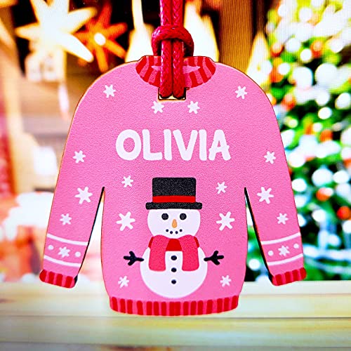 Image of Personalised Custom Any Name Christmas Bauble Gift Wooden Hanging Tree Decoration Xmas Jumper PINK