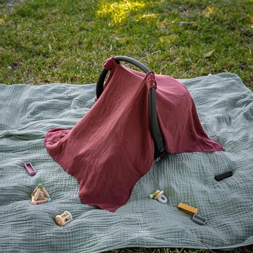 Image of Comfy Cubs Baby Car Seat Cover - Soft, Breathable Bamboo Rayon and Muslin Cotton Blend - Lightweight Canopy for Sun, Bug, and Comfort Protection - Large Size Infant Seat Cover in Wine Design