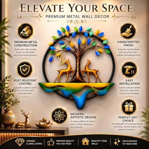 Image of SHREE 'O' GREEN TECH - Handcrafted Metal Tree of Life Wall Decor with Deer Modern Wall Art Hanging for Living Room Bedroom Dining Hall Office Hotel Home Decoration