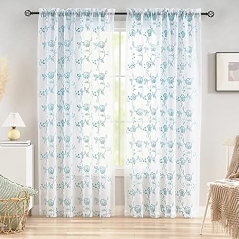 Embroidery Sheer Curtains Blue 95 Inches, Floral Pattern Window Treatments Rod Pocket Drapes for Living room, Bedroom, Semi Voile Curtain Panels for Yard, Patio, Villa, Parlor, Set of 2, 52"x 95" Cover