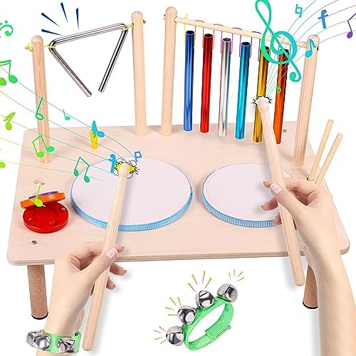 Kids Drum Set for Toddlers Musical Instruments Baby Drum Set 8 in 1 Musical Toys with Chime Bar and Triangle Percussion, Wooden Drum kit Educational Sensory Toys Gifts for Children Boys Girls