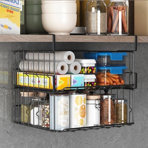 NATTY NING【吊り下げ収納バスケット 折りたたみ可能 積み重ね可能】 穴あけ不要 キッチン収納ラック 省スペース 落下防止設計 戸棚/キッチン収納用 (ブラック, 2個セット）