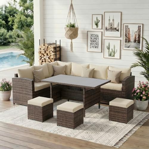 Wisteria Lane Patio Furniture Set, 7 Piece Outdoor Dining Sectional Sofa with Dining Table and Chair, All Weather Wicker Conversation Set with Ottoman, Ivory