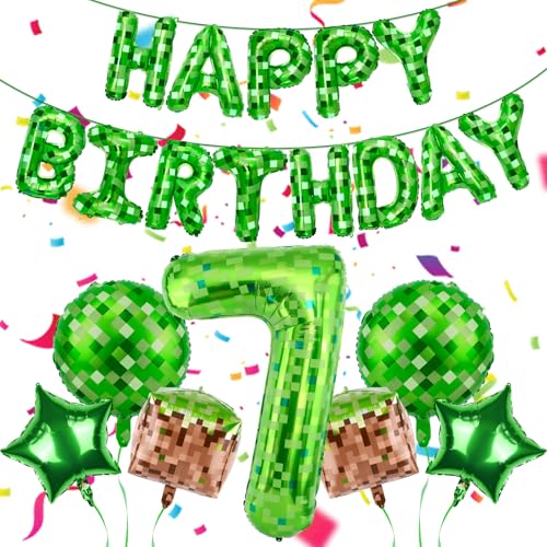 Green Pixel Themed Happy Birthday Banner Party Decorations Set Including 40 Inch Number 7 Foil Balloons, Themed Party Essentials, TNT Pixel Backdrop Supplies for Boys Indoor Outdoor Celebration by AXBMM - Used condition - US$11.03