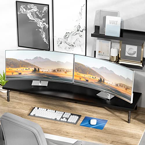 Weenson Dual Monitor Stand For Desk-Black Bamboo Monitor Stand Riser For 2 Monitors With 3 Height Adjustable Metal Legs For Home Office School Business Use #TOP1