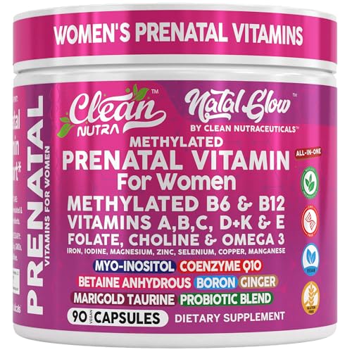 Natal Glow Methylated Prenatal Vitamins for Women Folate Omega 3 Vitamins A B12 C D3 E K2 Iron Riboflavin Biotin Choline Calcium Iodine Magnesium Zinc Selenium Copper Manganese by Clean Nutra