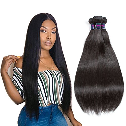YU Silk Hair Brazilian Remy Virgin Hair Straight 3 Bundles 10A Unprocessed Virgin Brazilian Hair Bundles Human Hair Weave Extensions Natural Color