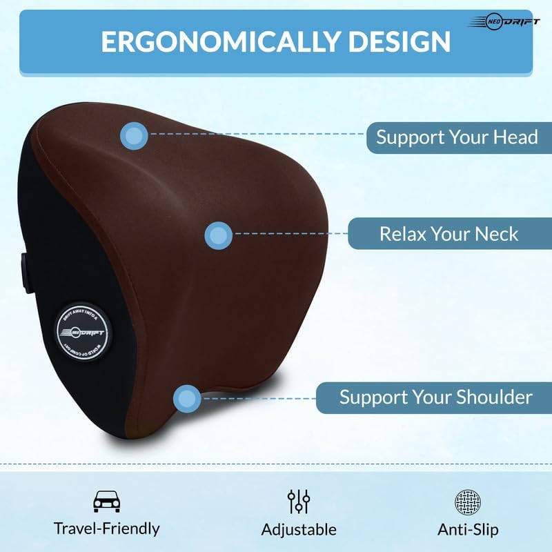 Image of Neodrift 'CurveNeck Pro' (Set of 2) | (Color - Brown) (Neck Rest Cushion Orthopedic Velvet Memory Foam Pillow for Neck, Head, Shoulder Support) Pain Relief for Car