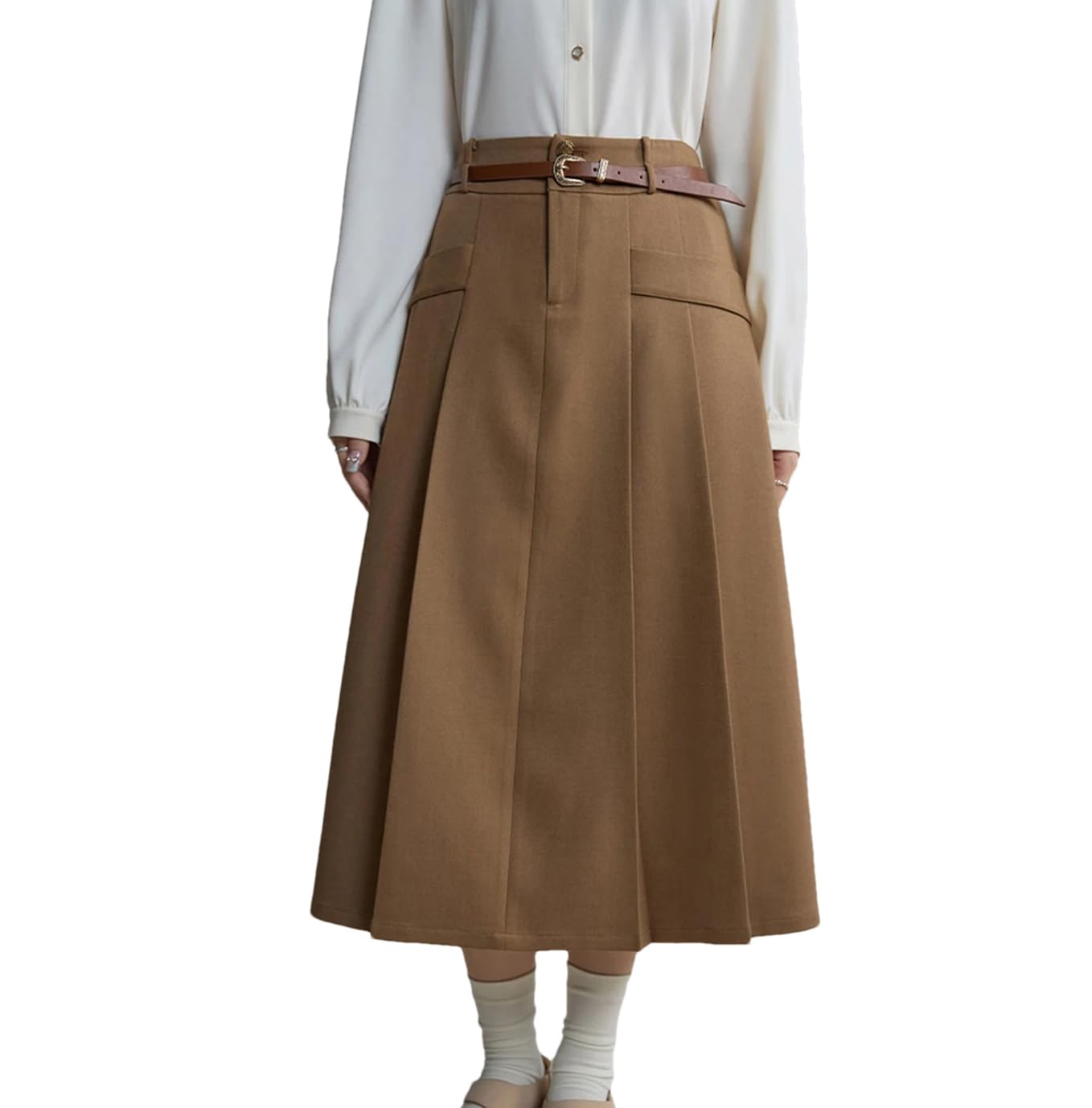 Dninmim Damska plisowana spódnica w stylu vintage, z szerokim stanem, trapezowa, zimowa, plisowana, elastyczna, dwustronna spódnica z diagonalu