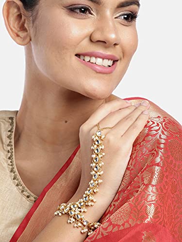 I Jewels Gold Plated Indian Wedding Bollywood Embellish with Kundan & Pearl Adjustable Haath Phool/Panja Bracelet for Women (PIJ027-29) (PIJ024W)3