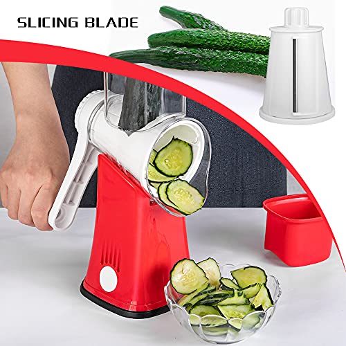 Vekaya 5 In 1 Rotary Cheese Grater With Handle [5 Interchangeable Stainless Steel Blades] Cheese Shredder Food Vegetable Grader Hand Crank Grater For Kitchen With Bonus Storage Box For Blades - Red #TOP1