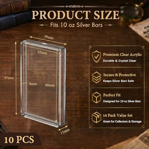 Image of Geiserailie 10 Pcs 10 oz Silver Bar Holder Case, Clear Acrylic Silver Bar Holder Capsule Storage Container Box for 10 Ounce