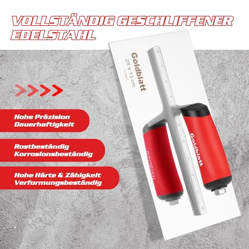 Goldblatt Glättekelle Edelstahl Kelle: Rostfreier Spachtel für Trockenbau und Finish, Robuste Nietenkonstruktion, Ergonomischer Griff, Flache Klinge, Ideal für Zement, Mörtel und Putze 280 x 130 mm