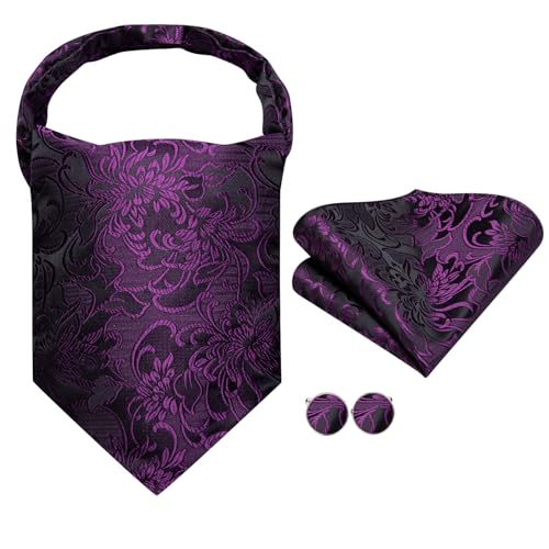 Image of Hi-Tie Silk Ascot for Men Self Tie Men's Cravat and Flower Lapel Pin Handkerchief Cufflinks Set for Wedding Party