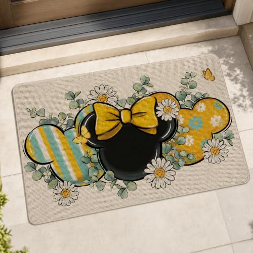 Pycat Spring Summer Decorative Front Door Mat, Daisy Flower Eucalyptus