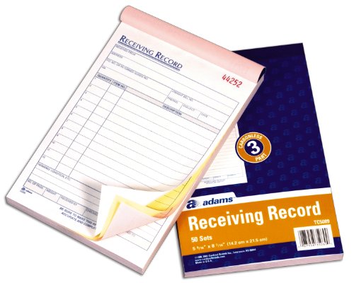 Adams Receiving Record Book, 5.56 x 8.44 Inch, 3-Part, Carbonless, 50 Sets, White Canary and Pink (TC5089)
