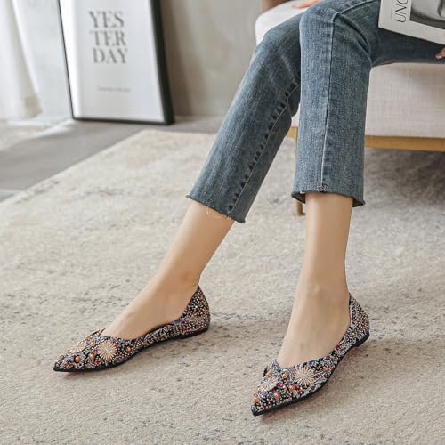 HIPPOSEUS Women's Rhinestone Flats Shoes Pointed Toe Ballet Flats Bohemia Style Shoes3