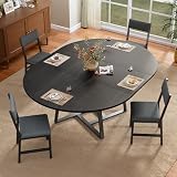 HUAHUU 60" Dining Table Set for 4-8, 5-Piece Extendable Round to Oval Kitchen Table Cushion Chairs Set of 4, Metal Frame & MDF Board, Space-Saving for Small Apartment, Black Wood Grain