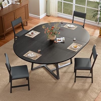 HUAHUU 60" Dining Table Set for 4-8, 5-Piece Extendable Round to Oval Kitchen Table Cushion Chairs Set of 4, Metal Frame & MDF Board, Space-Saving for Small Apartment, Black Wood Grain