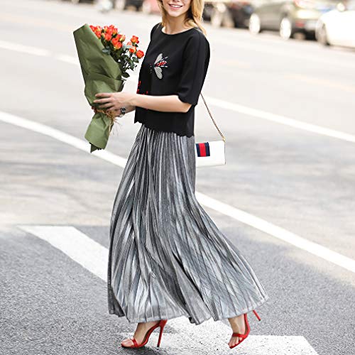 Chowsir Women Retro Shiny Shimmer Metallic A-Line Long Accordion Pleated Swing Skirt3