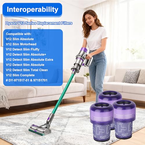 3 Stück Ersatzfilter Filter für Dyson V12 Detect Slim Absolute Staubsauger, Ersatzfilter für Dyson V12 Slim Motorhead Complete Ersatzteile Zubehör 971517-01, Enthält 1 Bürstenkopf