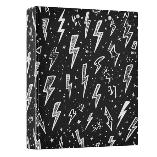 Image of Caikeny 3 Ring Binder Lightning Bolts Black 1.5 Inch Binders Round Ring Clipboard with 2 Pockets for Office Supplies