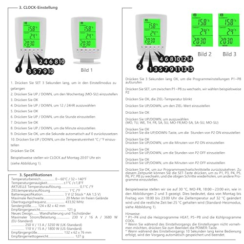 diymore Wireless Thermostat Steckdose, Infrarotheizung Thermostat mit Heizung- und Kühlmodus, Steckdosenthermostat 230V mit Temperatursensor, LCD-Display mit Hintergrundbeleuchtung